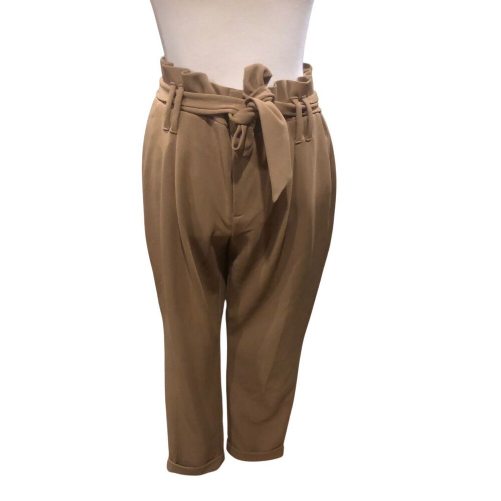 INC International Concepts camel color high waist paper bag self tie belt size 8 - Picture 4 of 13